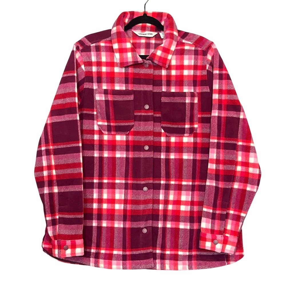 Lands End Fleece Shirt Jacket Womens XL Pink Plaid Snap Front Shacket Cozy